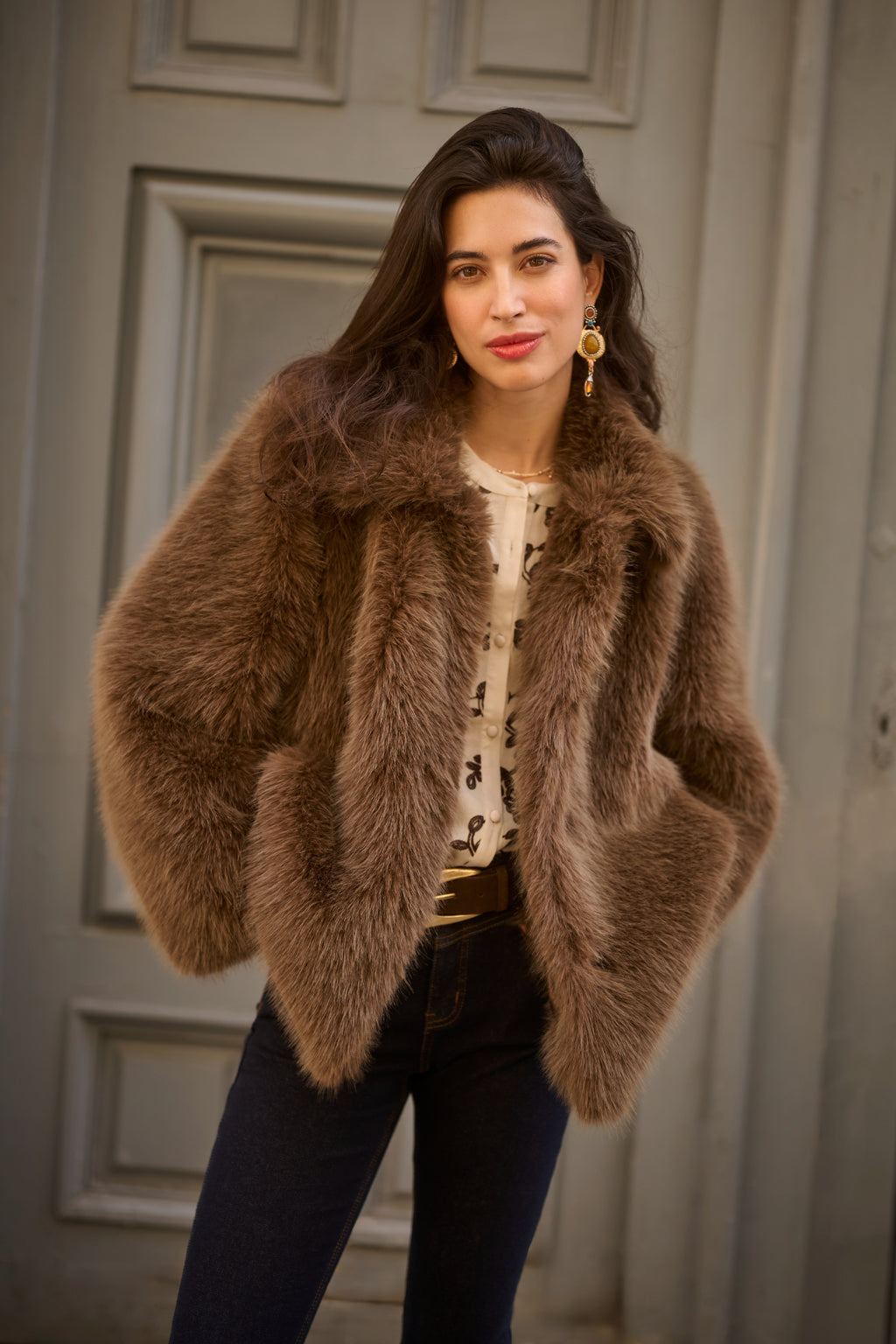Cream CRDrama faux fur jacket in Shaved Chocolate brown with a relaxed fit, classic collar and concealed front fastening.