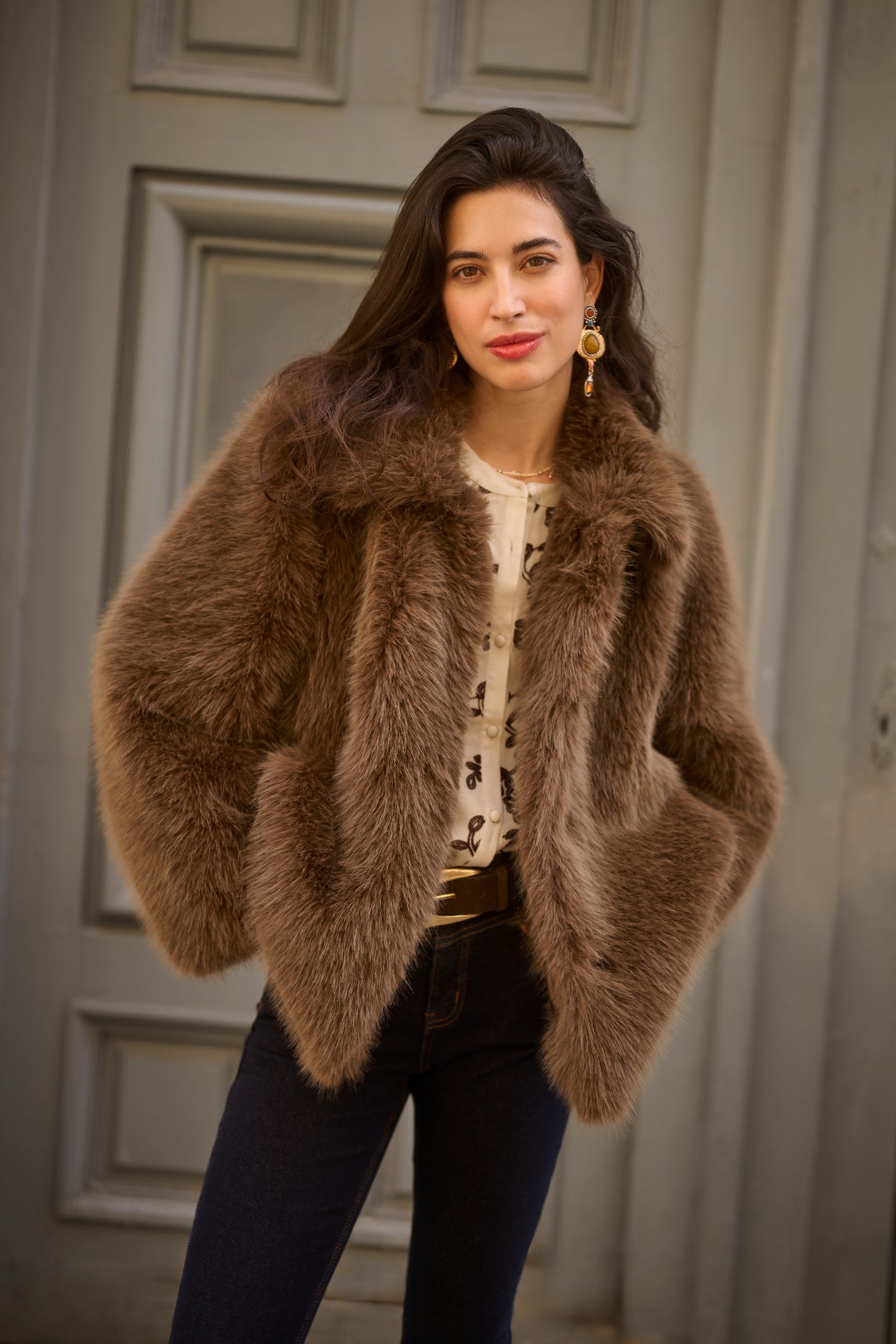 Cream CRDrama faux fur jacket in Shaved Chocolate brown with a relaxed fit, classic collar and concealed front fastening.
