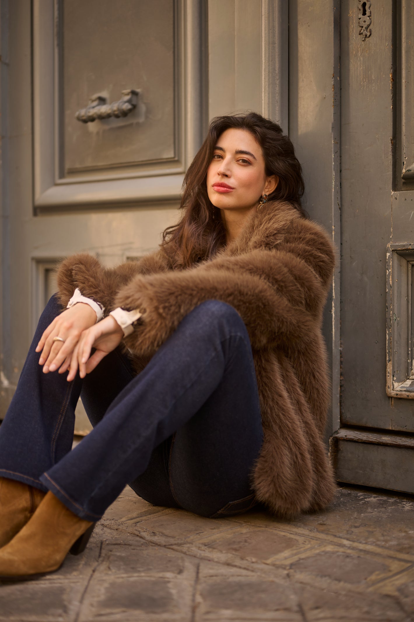 Cream CRDrama faux fur jacket in Shaved Chocolate brown with a relaxed fit, classic collar and concealed front fastening.