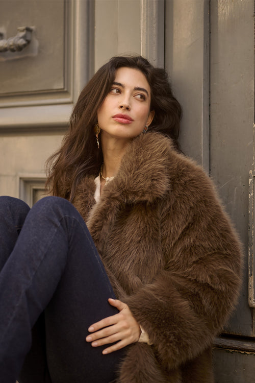 Cream CRDrama faux fur jacket in Shaved Chocolate brown with a relaxed fit, classic collar and concealed front fastening.
