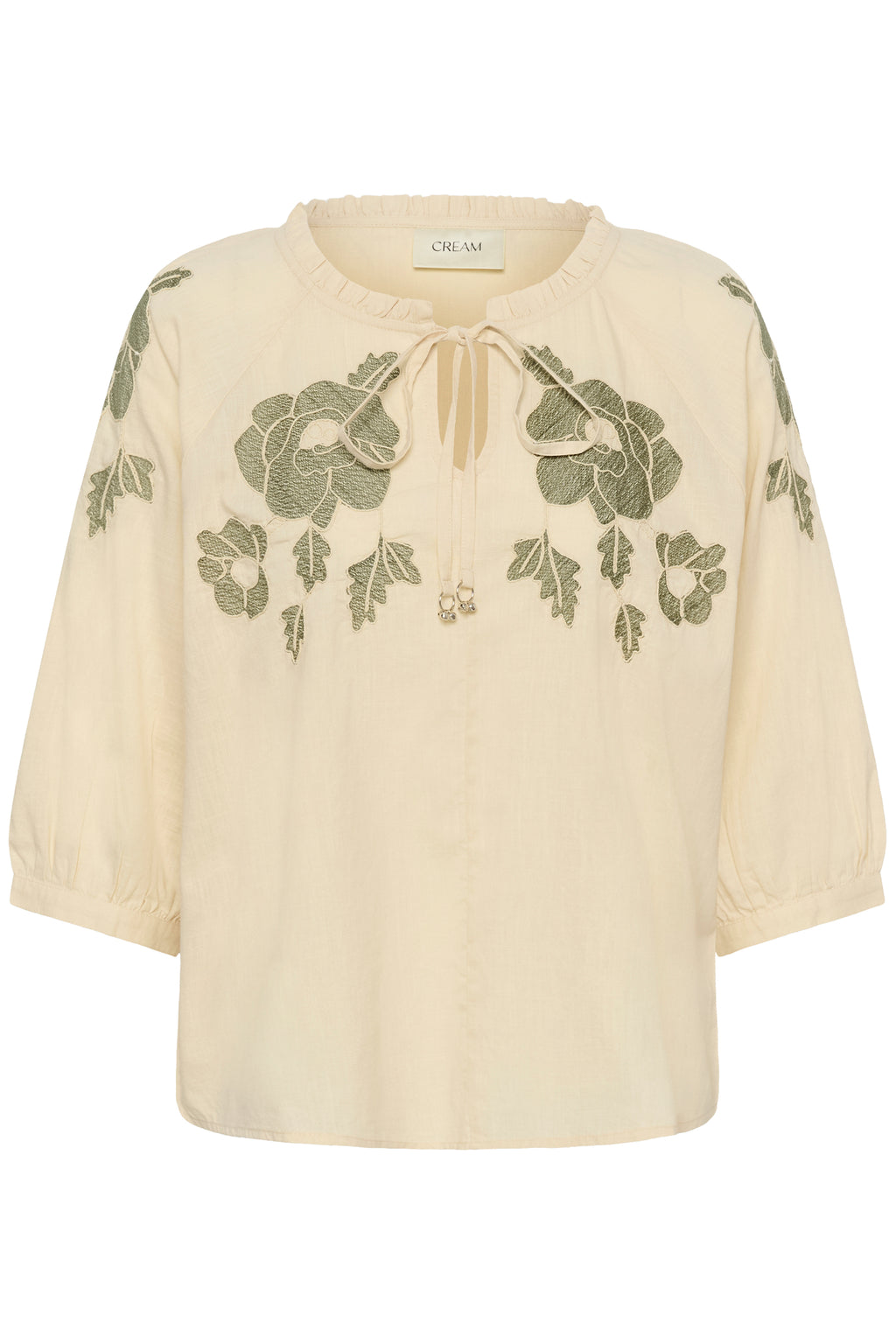 Cream CRZosa embroidered cotton blouse in Bleached Sand with floral embroidery, tie neckline and three-quarter sleeves.