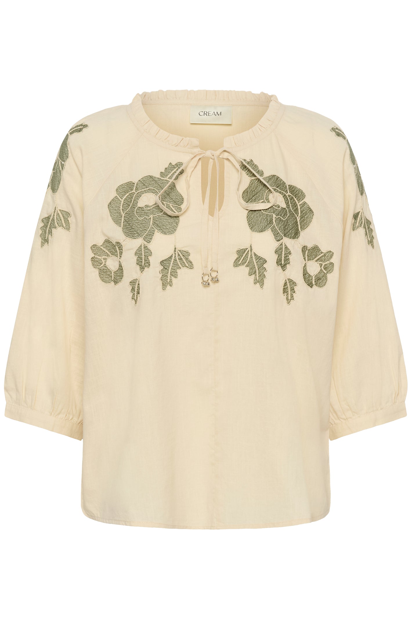 Cream CRZosa embroidered cotton blouse in Bleached Sand with floral embroidery, tie neckline and three-quarter sleeves.