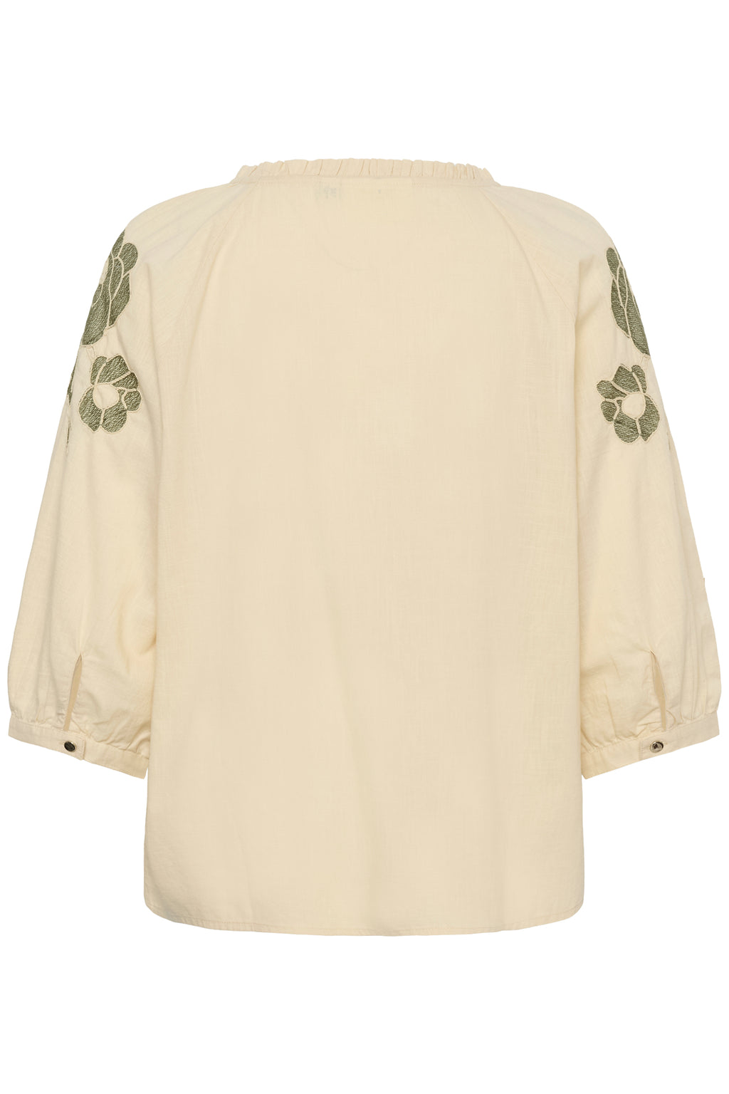 Cream CRZosa embroidered cotton blouse in Bleached Sand with floral embroidery, tie neckline and three-quarter sleeves.