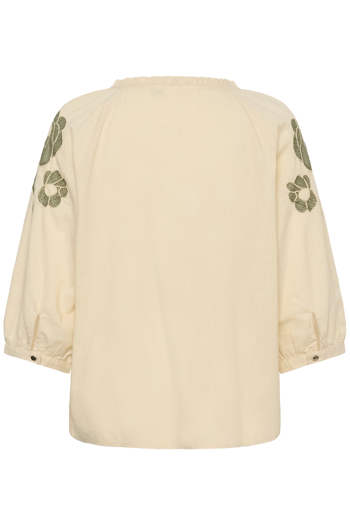 Cream CRZosa embroidered cotton blouse in Bleached Sand with floral embroidery, tie neckline and three-quarter sleeves.