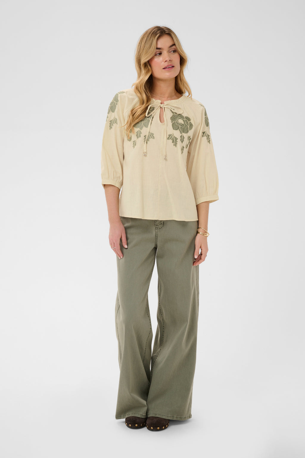 Cream CRZosa embroidered cotton blouse in Bleached Sand with floral embroidery, tie neckline and three-quarter sleeves.
