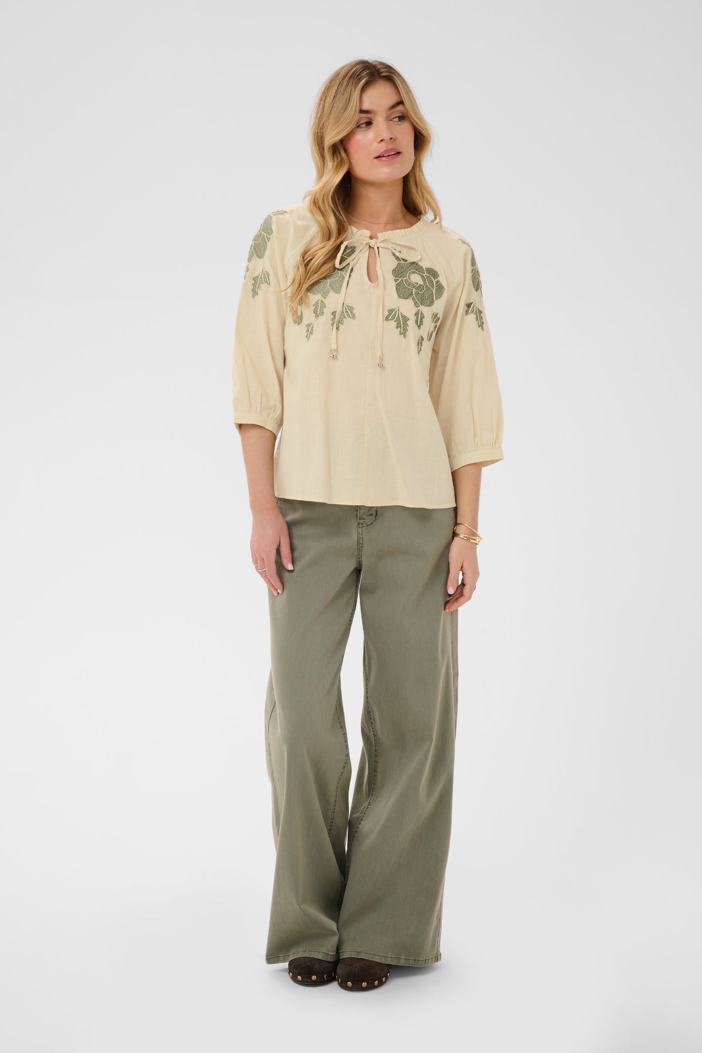 Cream CRZosa embroidered cotton blouse in Bleached Sand with floral embroidery, tie neckline and three-quarter sleeves.