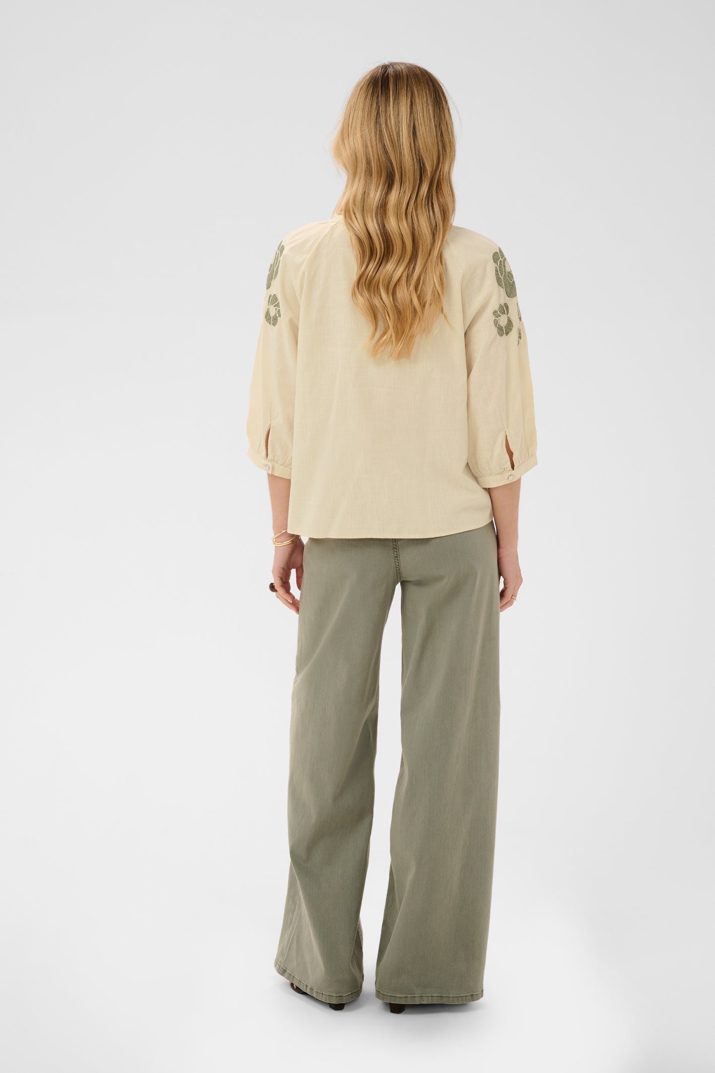Cream CRZosa embroidered cotton blouse in Bleached Sand with floral embroidery, tie neckline and three-quarter sleeves.