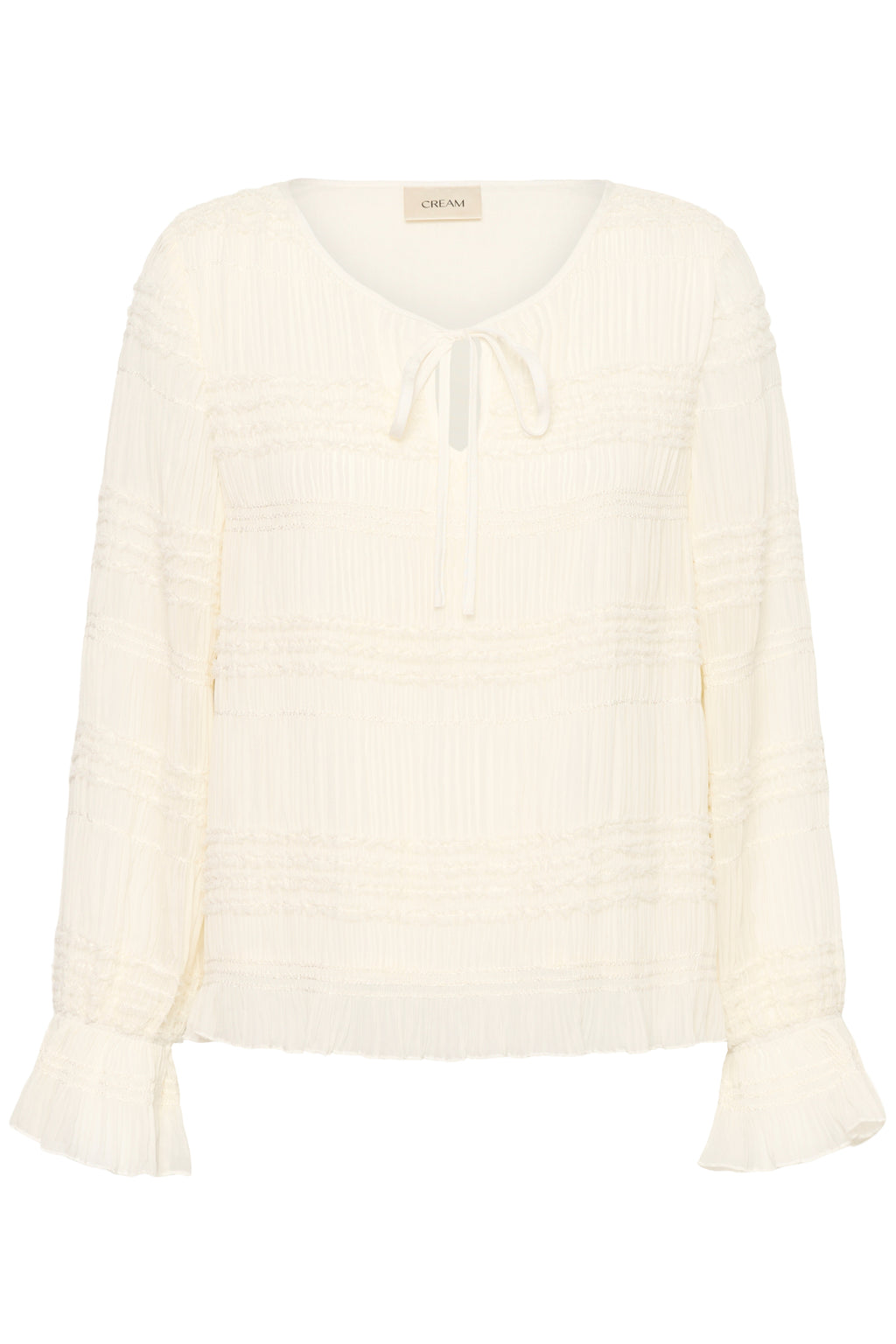 Cream CRSissel textured blouse in Whisper White with tie neckline, layered frill detailing and long ruffle sleeves.