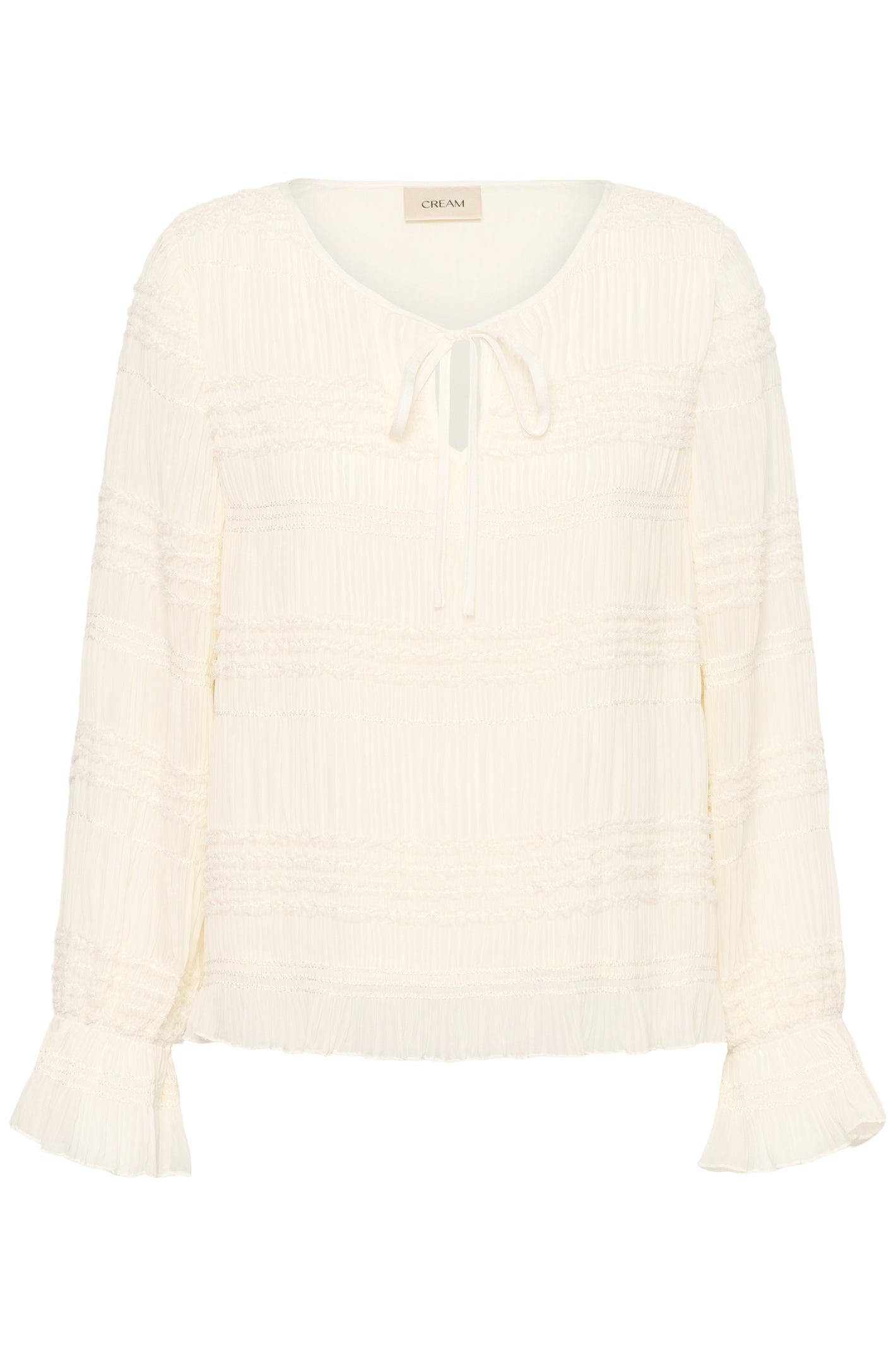 Cream CRSissel textured blouse in Whisper White with tie neckline, layered frill detailing and long ruffle sleeves.
