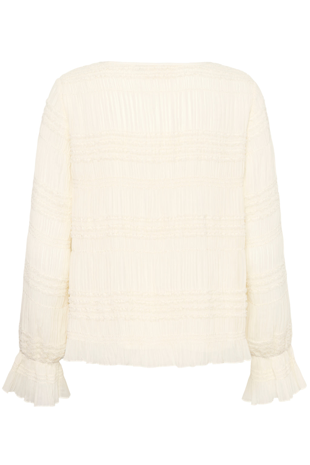 Cream CRSissel textured blouse in Whisper White with tie neckline, layered frill detailing and long ruffle sleeves.