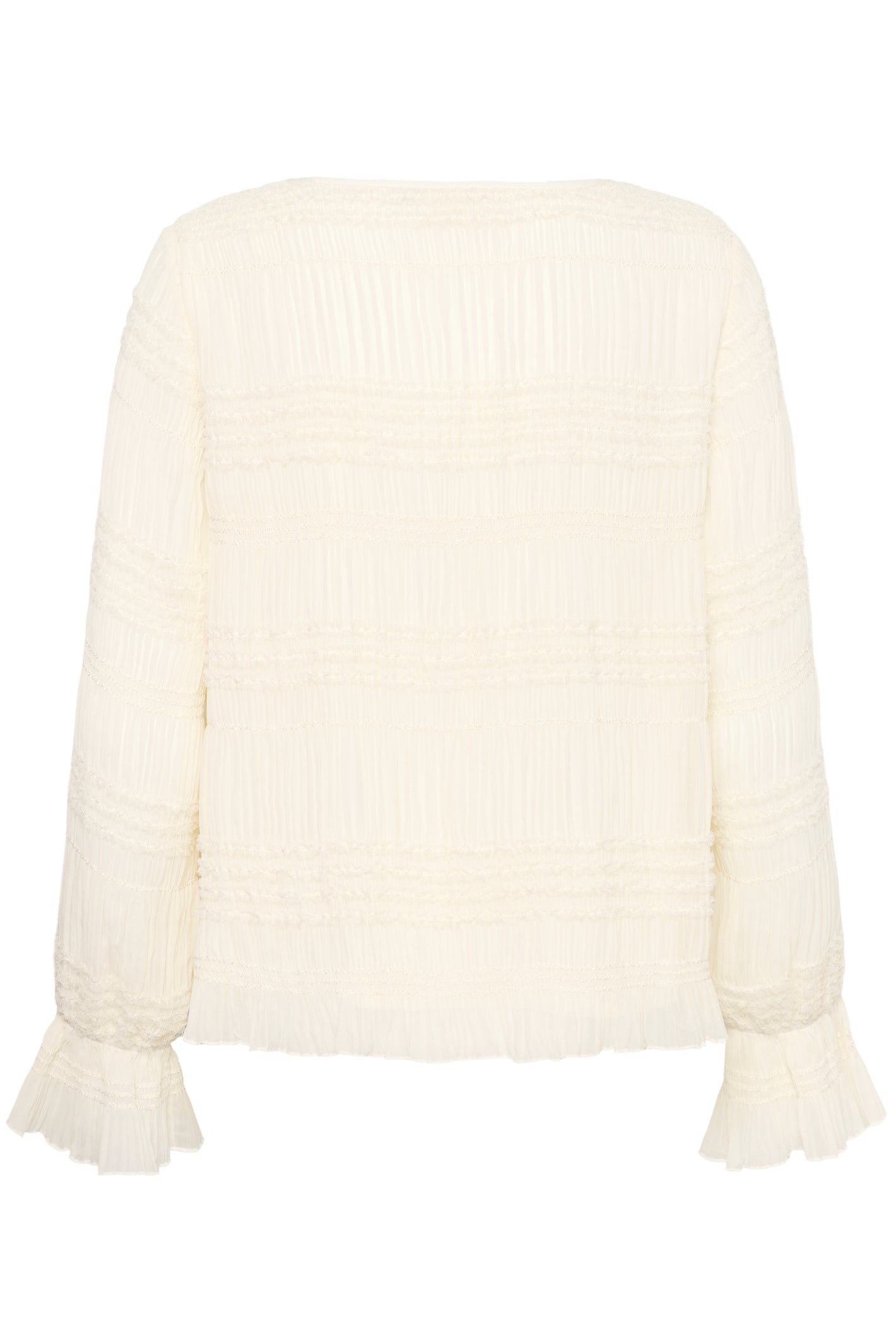 Cream CRSissel textured blouse in Whisper White with tie neckline, layered frill detailing and long ruffle sleeves.
