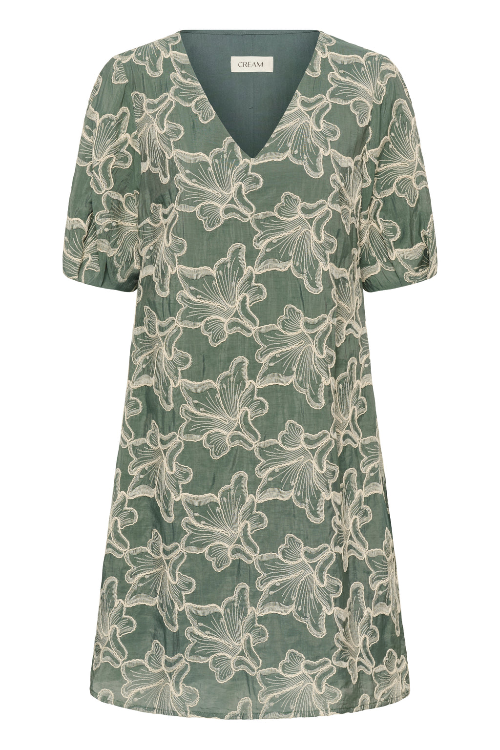 Cream CRTorli short dress in Mulled Basil green featuring a textured floral design, V-neckline and elbow-length sleeves.