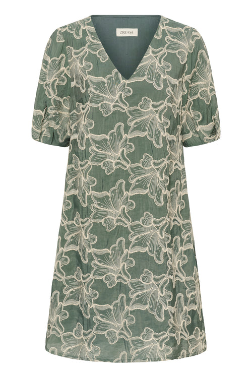Cream CRTorli short dress in Mulled Basil green featuring a textured floral design, V-neckline and elbow-length sleeves.