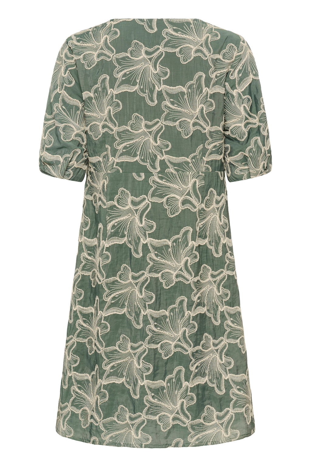 Cream CRTorli short dress in Mulled Basil green featuring a textured floral design, V-neckline and elbow-length sleeves.