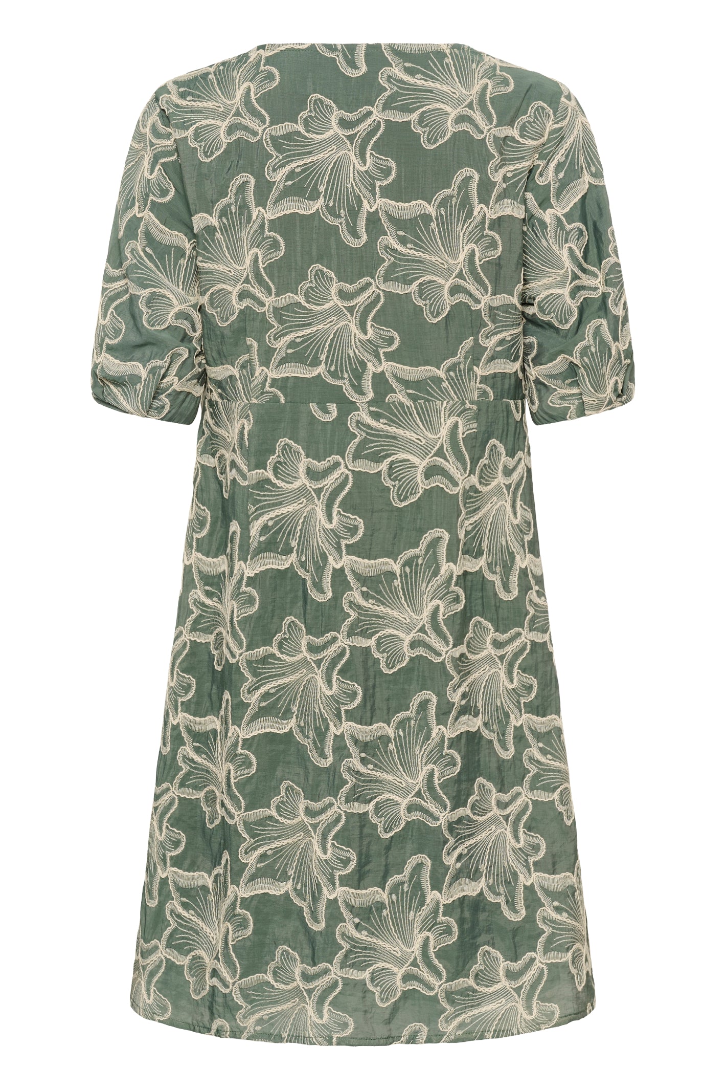Cream CRTorli short dress in Mulled Basil green featuring a textured floral design, V-neckline and elbow-length sleeves.