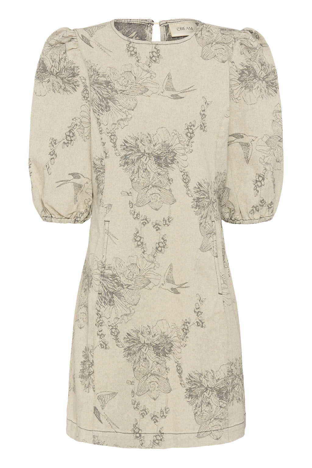 Cream CRVatta fitted jacquard dress in Ecru Flower featuring a textured floral and bird pattern with three-quarter puff sleeves.