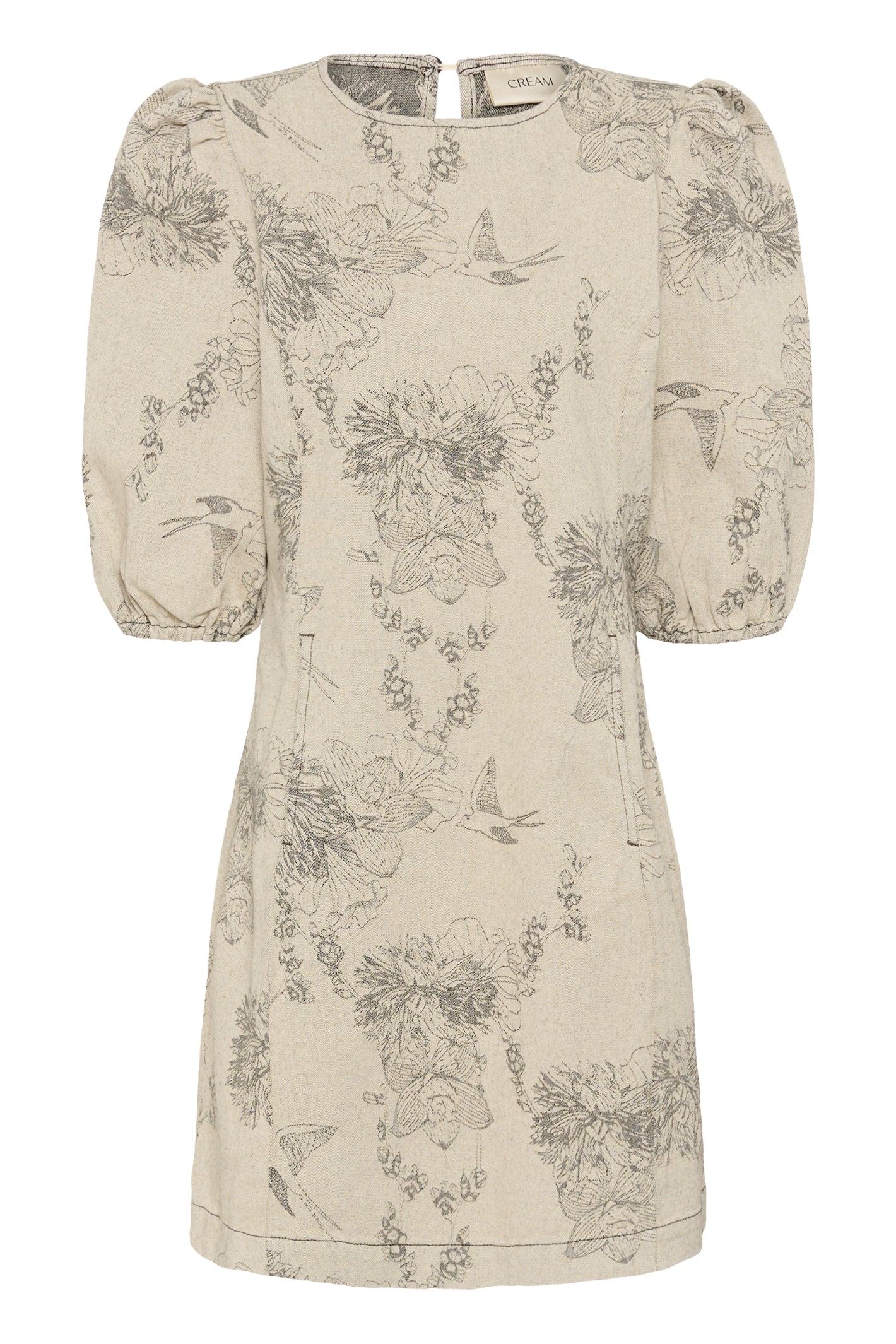 Cream CRVatta fitted jacquard dress in Ecru Flower featuring a textured floral and bird pattern with three-quarter puff sleeves.