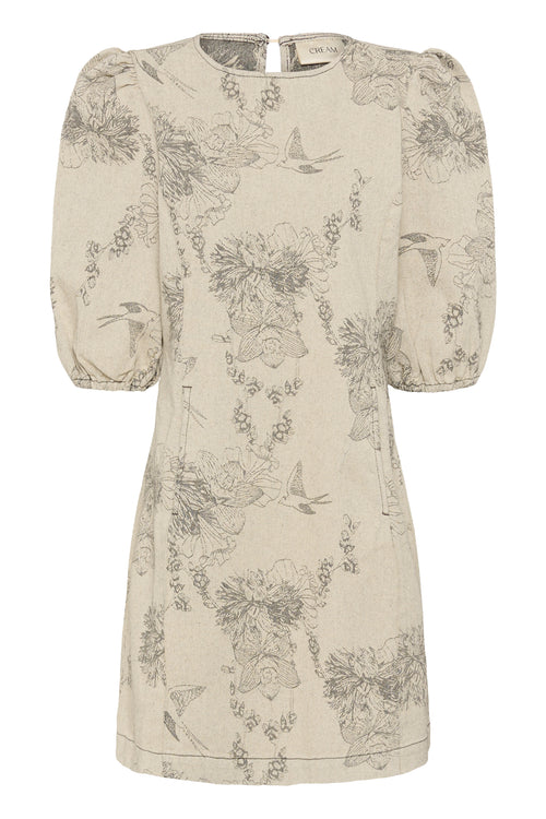 Cream CRVatta fitted jacquard dress in Ecru Flower featuring a textured floral and bird pattern with three-quarter puff sleeves.
