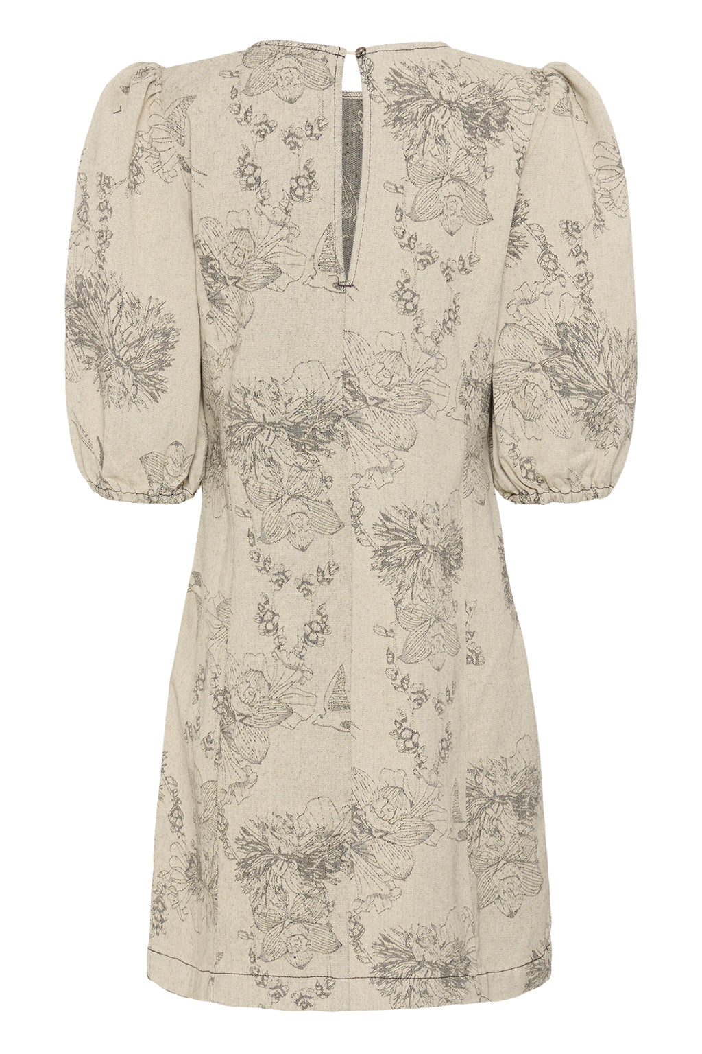 Cream CRVatta fitted jacquard dress in Ecru Flower featuring a textured floral and bird pattern with three-quarter puff sleeves.