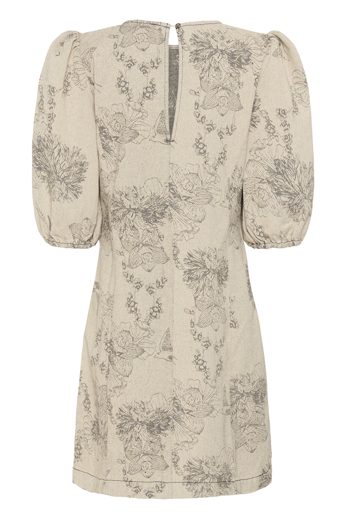 Cream CRVatta fitted jacquard dress in Ecru Flower featuring a textured floral and bird pattern with three-quarter puff sleeves.