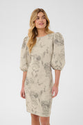 Cream CRVatta fitted jacquard dress in Ecru Flower featuring a textured floral and bird pattern with three-quarter puff sleeves.