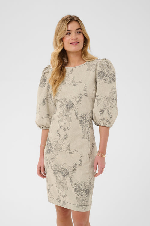 Cream CRVatta fitted jacquard dress in Ecru Flower featuring a textured floral and bird pattern with three-quarter puff sleeves.
