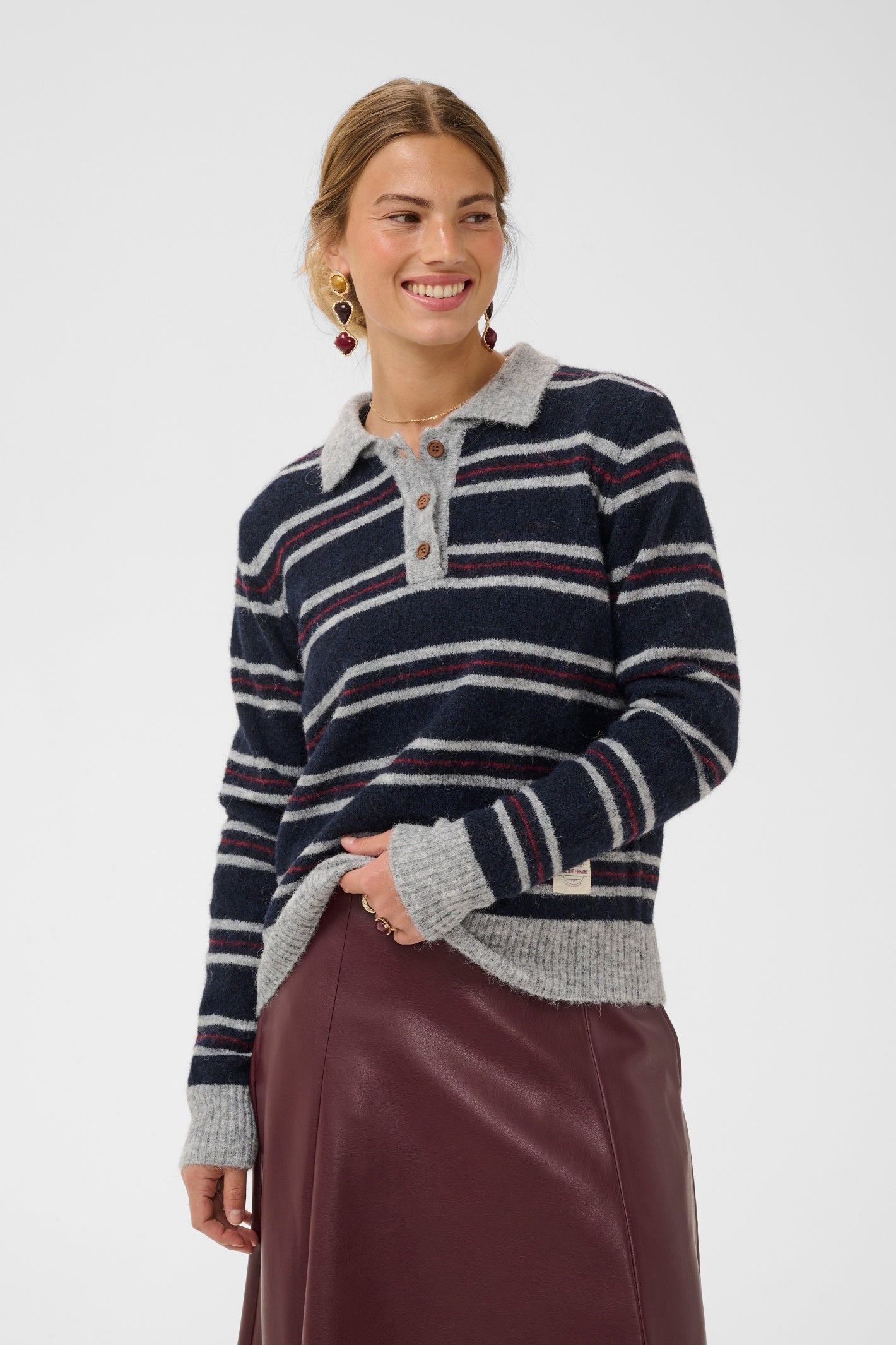 Cream 10615326 Ditte Striped Polo Pullover in Navy