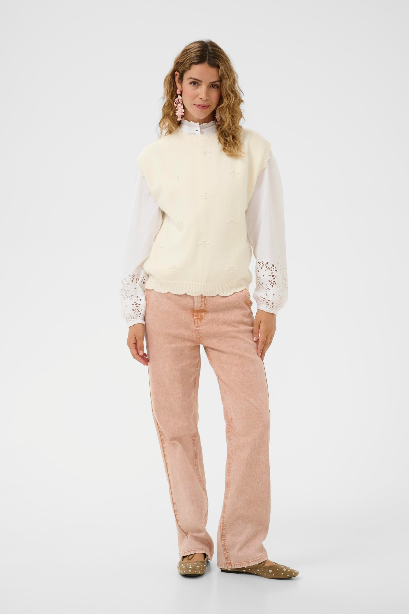 Cream CRAvie knit slipover in whisper white layered over a blouse, women’s sleeveless knit top – Dotique