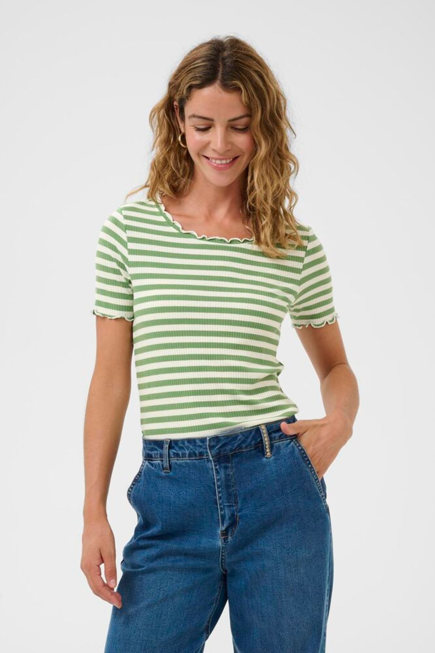 Striped ribbed t-shirt in jade green by Cream. Soft, stretchy and easy to wear for everyday outfits. Shop now at Dotique.
