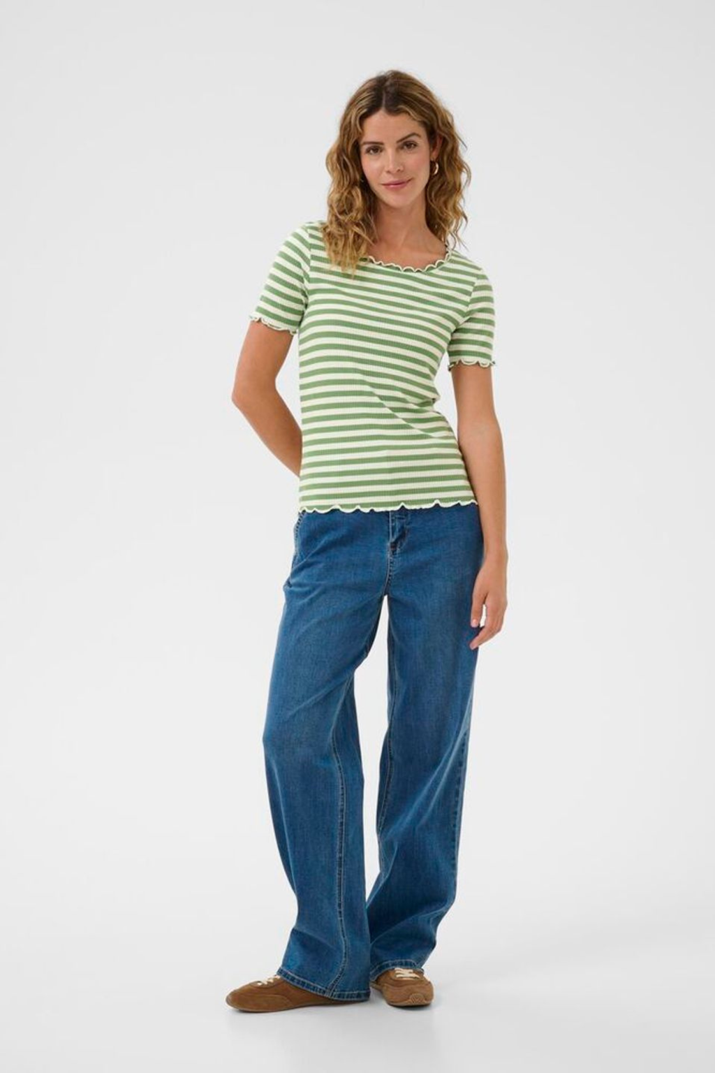 Striped ribbed t-shirt in jade green by Cream. Soft, stretchy and easy to wear for everyday outfits. Shop now at Dotique.