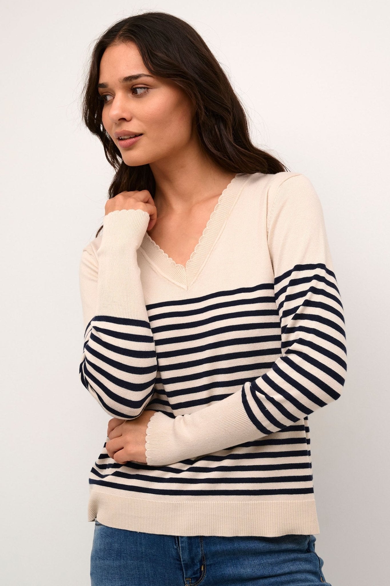 Culture 50110424 CUannemarie Cream Whitecap Blue Stripe Scallop Neck Jumper - Dotique Chesterfield
