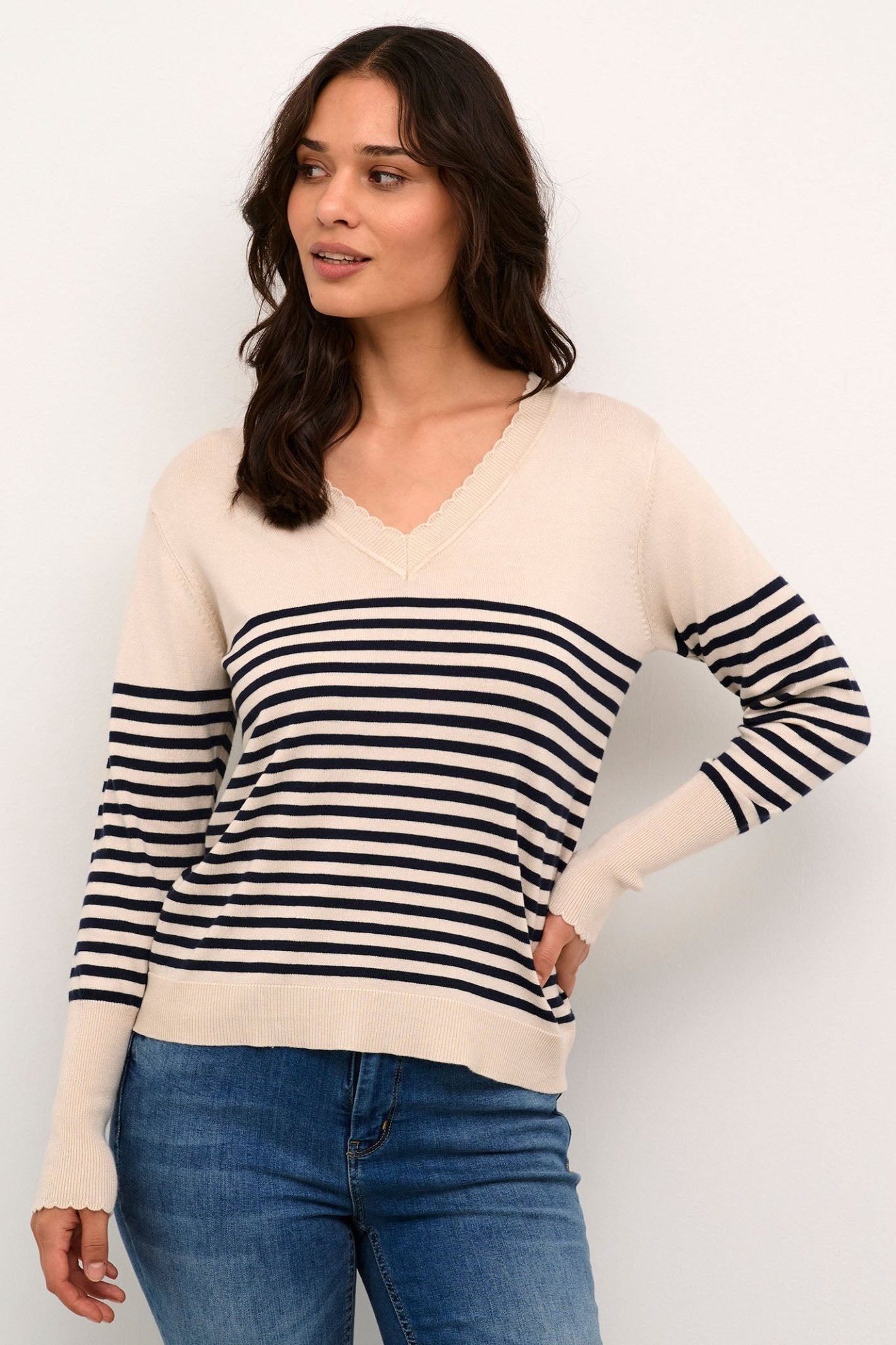 Culture 50110424 CUannemarie Cream Whitecap Blue Stripe Scallop Neck Jumper - Dotique Chesterfield