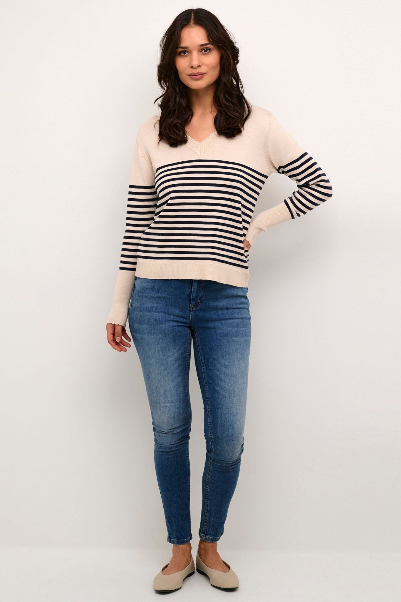 Culture 50110424 CUannemarie Cream Whitecap Blue Stripe Scallop Neck Jumper - Dotique Chesterfield