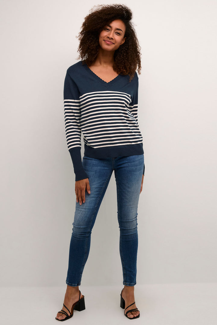 Culture 50110424 CUannemarie Navy Blue Whitecap Stripe Scallop Neck Jumper - Dotique Chesterfield