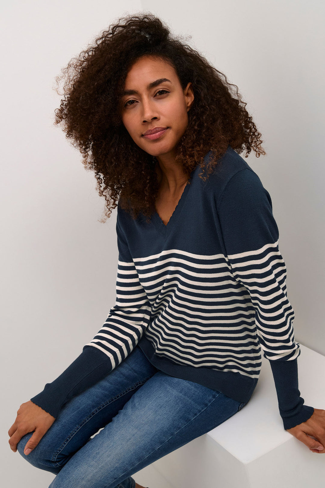 Culture 50110424 CUannemarie Navy Blue Whitecap Stripe Scallop Neck Jumper - Dotique Chesterfield