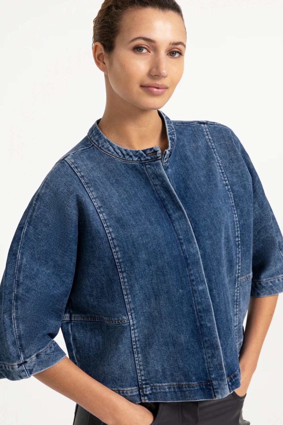 YAYA Short Sleeve Denim Blouse - Dark Blue Denim 01-201249-609