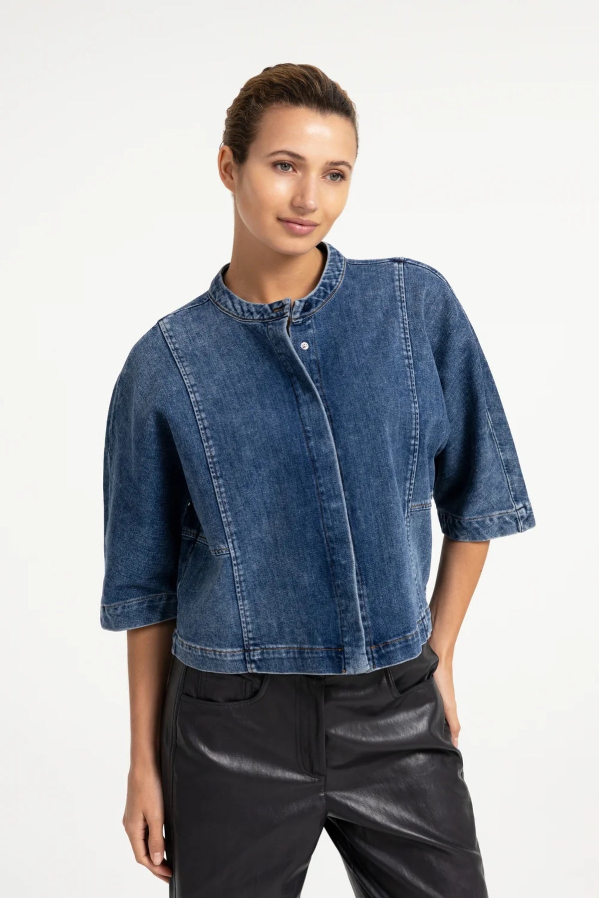 YAYA Short Sleeve Denim Blouse - Dark Blue Denim 01-201249-609