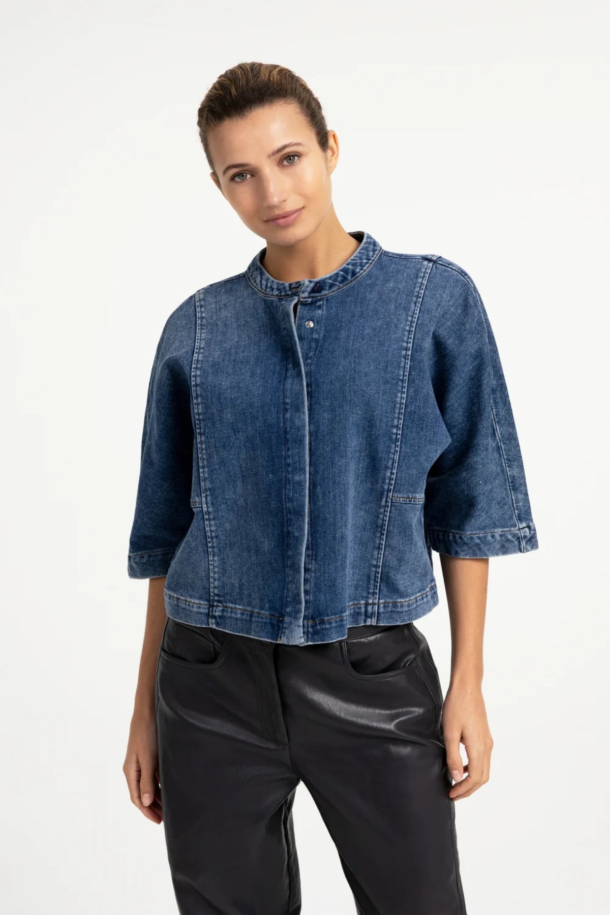 YAYA Short Sleeve Denim Blouse - Dark Blue Denim 01-201249-609