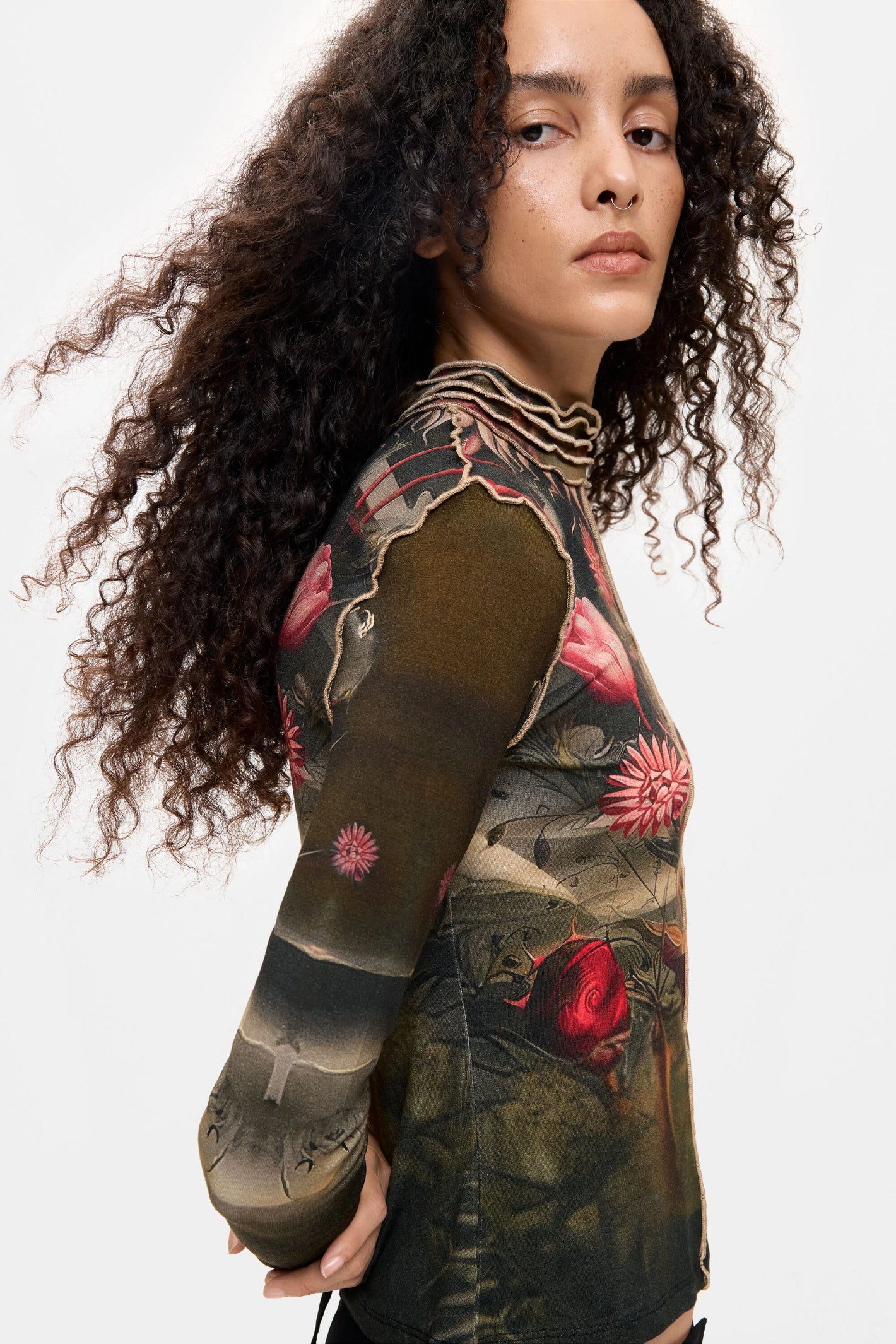 Desigual Printed High Neck Top – Black Floral