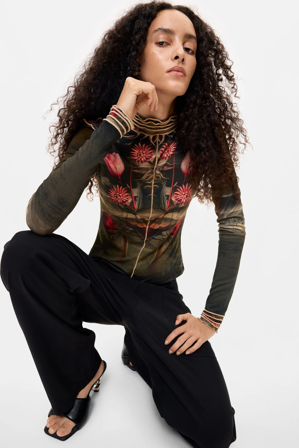 Desigual Printed High Neck Top – Black Floral