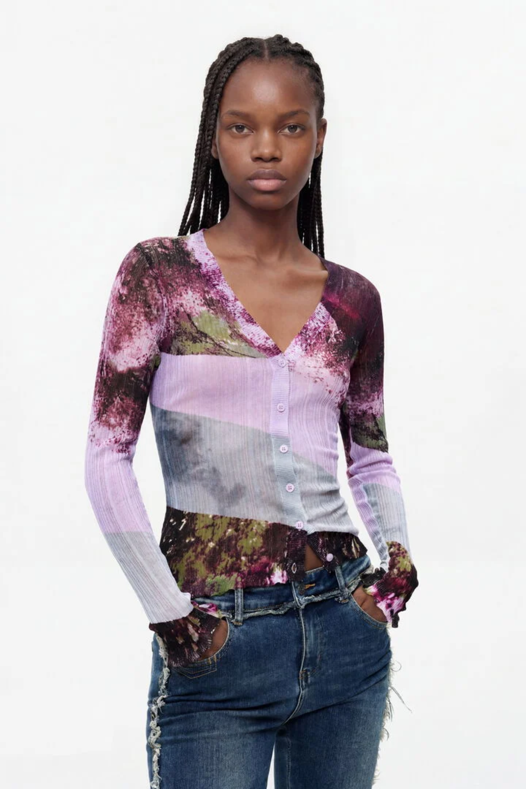 Desigual Printed V-Neck Cardigan – Purple
