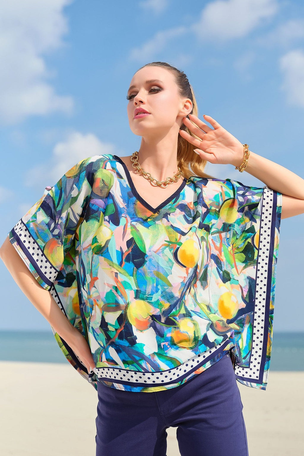 Dolcezza 24650 Orangerie Navy V-Neck Handerchief Top - Dotique Chesterfield