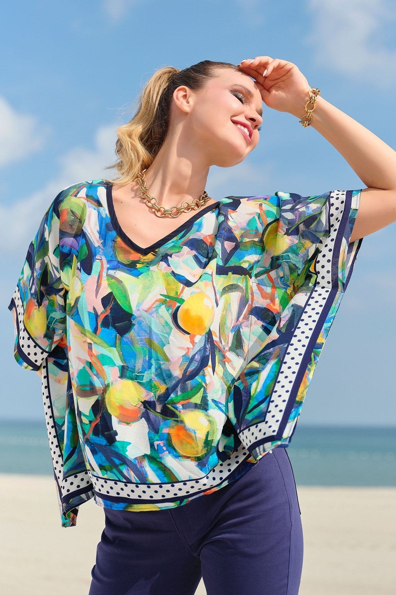 Dolcezza 24650 Orangerie Navy V-Neck Handerchief Top - Dotique Chesterfield