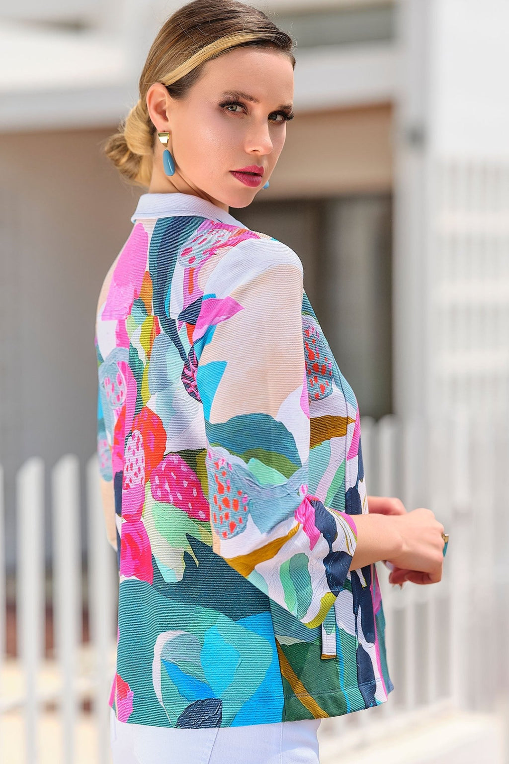 Dolcezza 24678 Rumba Pink Print Three Button Jacket - Dotique Chesterfield