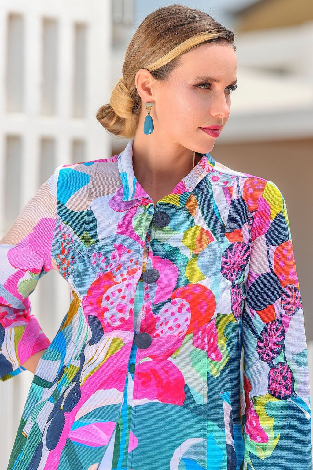 Dolcezza 24678 Rumba Pink Print Three Button Jacket - Dotique Chesterfield