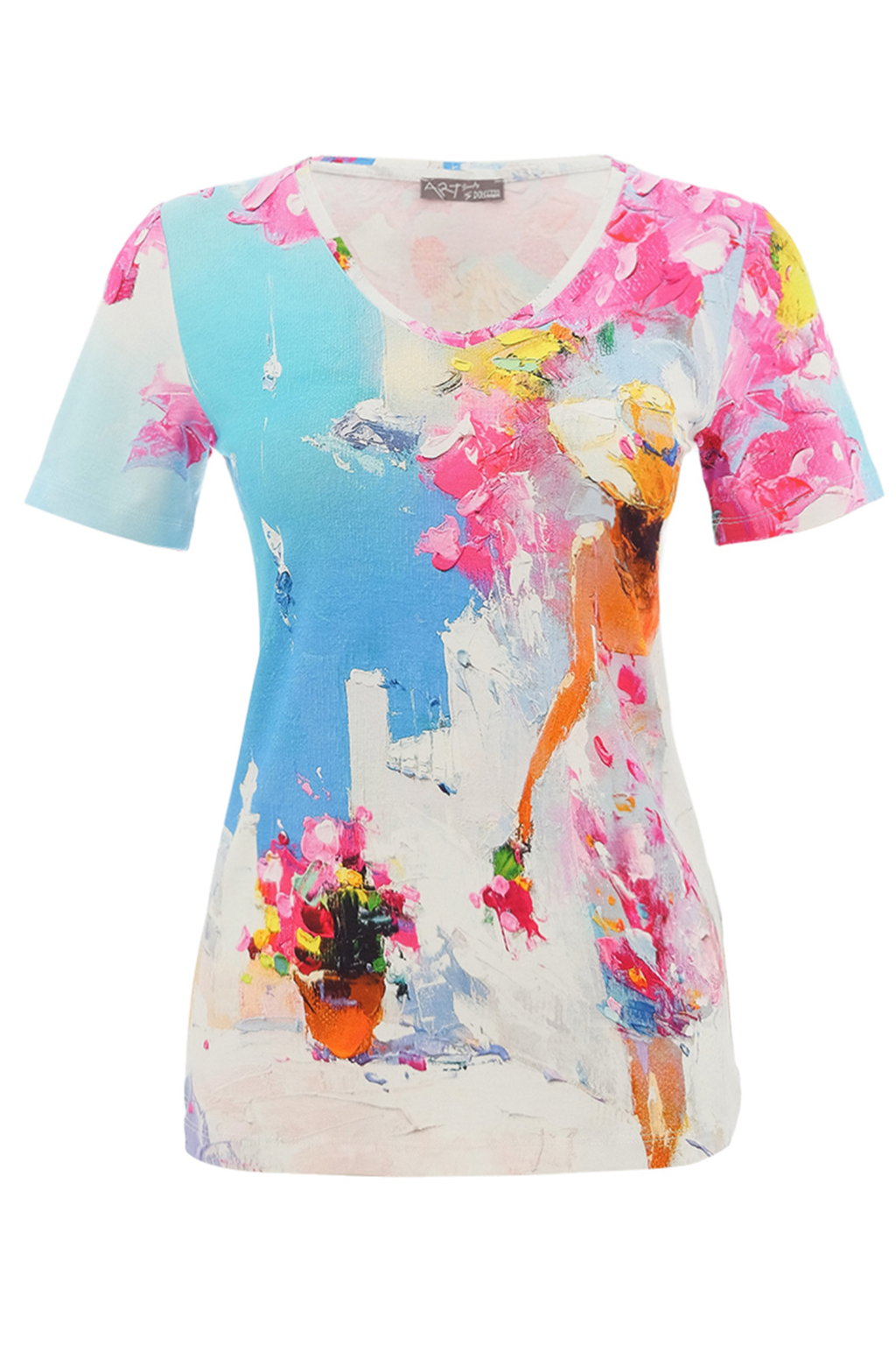 Colourful Dolcezza stretch jersey T-shirt with artistic print. Soft, flattering and easy to wear. A bright everyday statement piece.