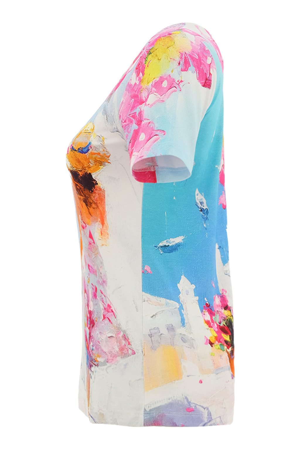 Colourful Dolcezza stretch jersey T-shirt with artistic print. Soft, flattering and easy to wear. A bright everyday statement piece.