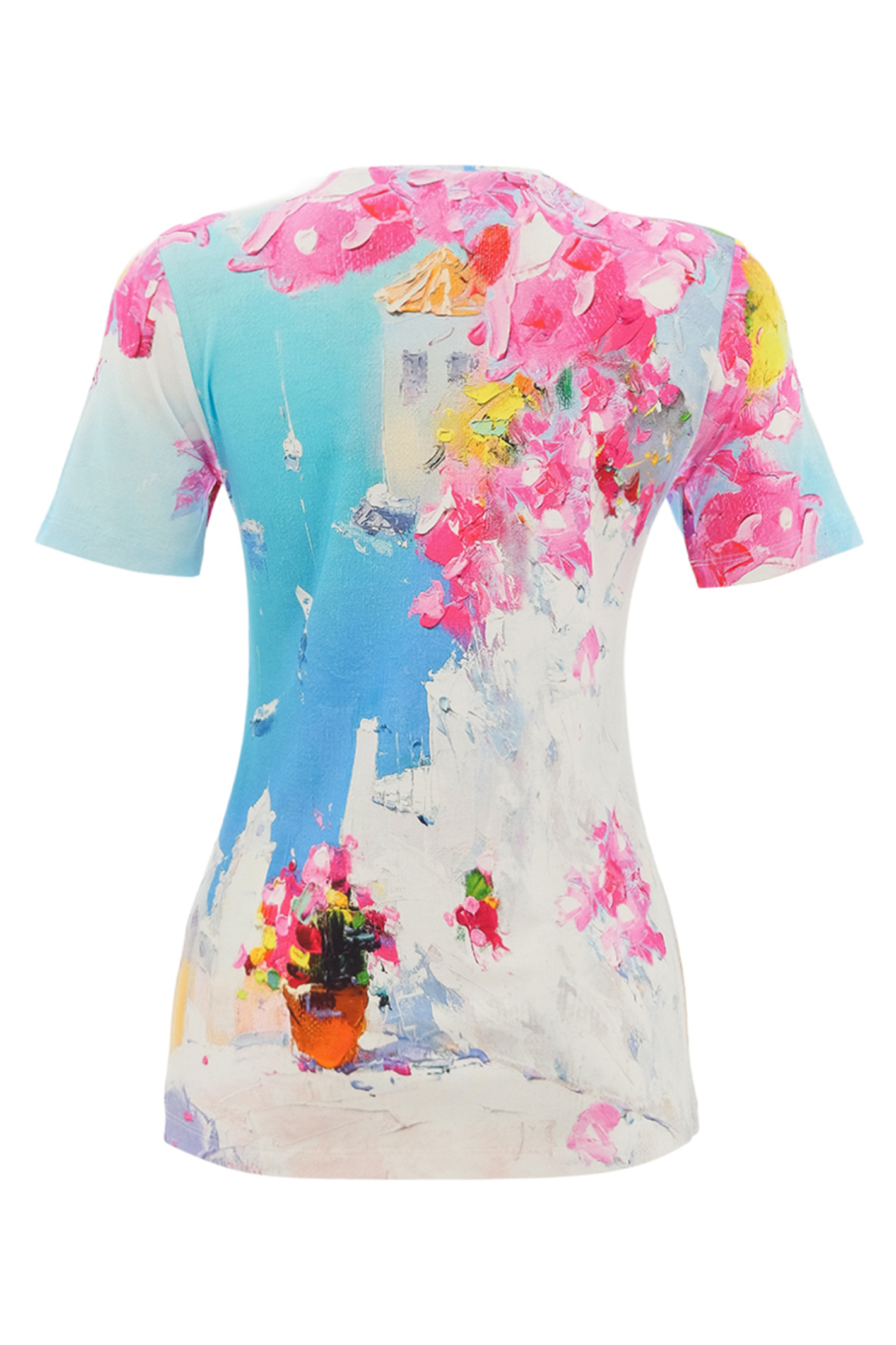 Colourful Dolcezza stretch jersey T-shirt with artistic print. Soft, flattering and easy to wear. A bright everyday statement piece.