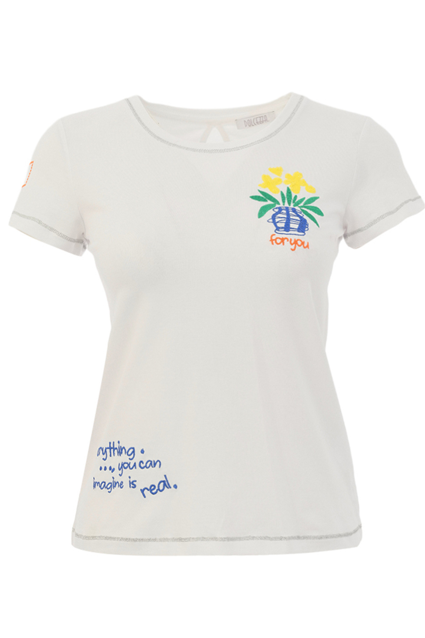 Soft white cotton T-shirt by Dolcezza with artistic floral and slogan print. Stretch fit, breathable and easy to wear. Shop at Dotique.