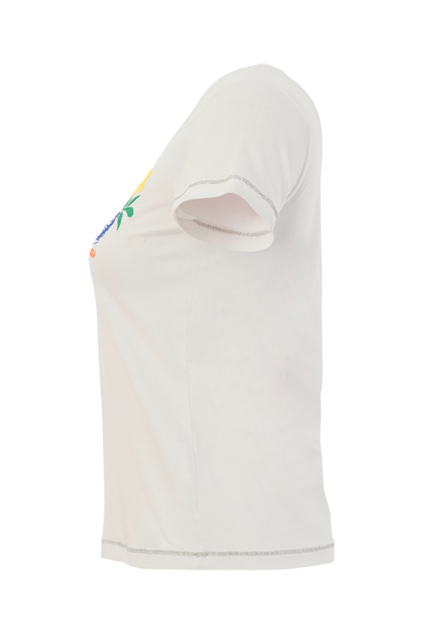 Soft white cotton T-shirt by Dolcezza with artistic floral and slogan print. Stretch fit, breathable and easy to wear. Shop at Dotique.